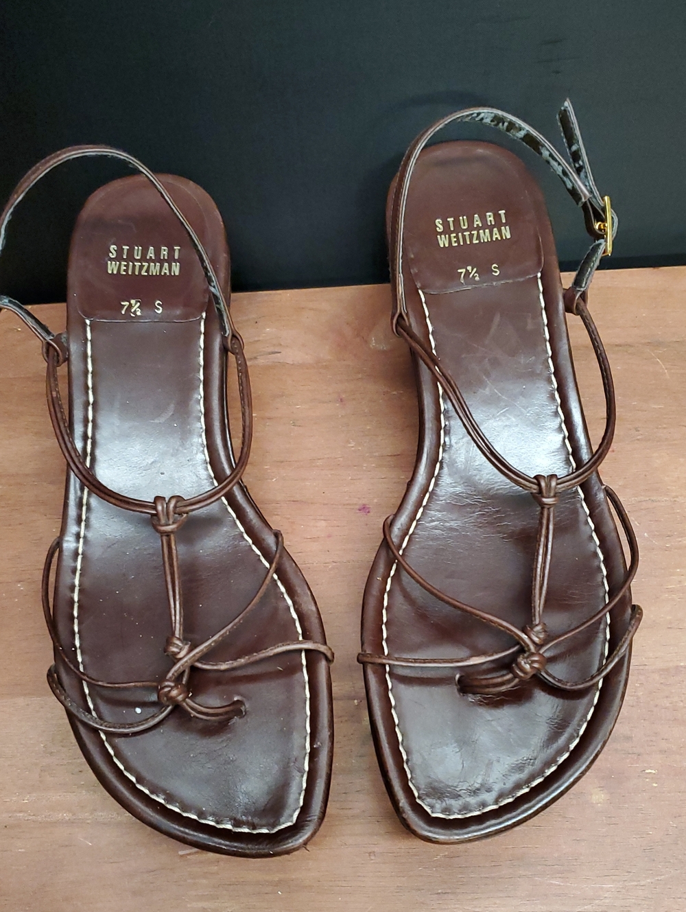 Stuart Weitzman Dark Brown Leather Platform Wedge Knot-Strap Sandals